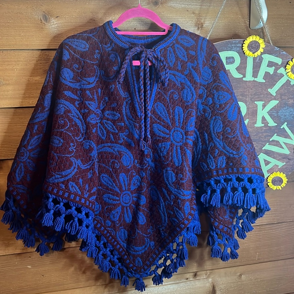 Vintage Handmade Floral Fringe Tapestry Blue Plum Cape Shawl Poncho OSFA